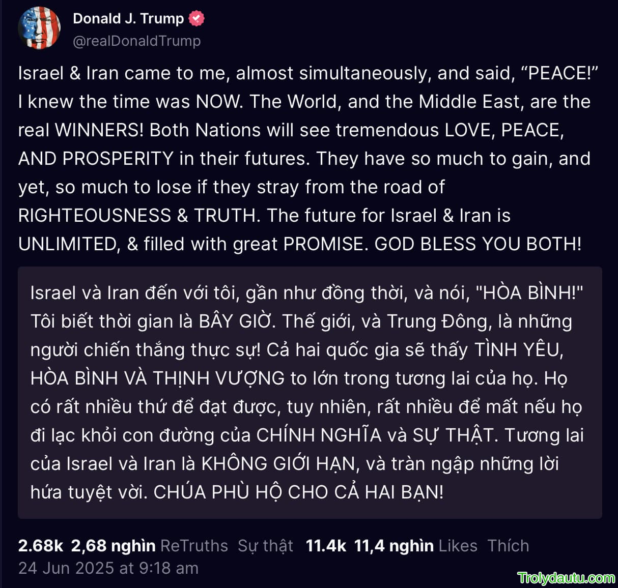 Ông Trump thông báo Israel và Iran đạt thỏa thuận ngừng bắn
